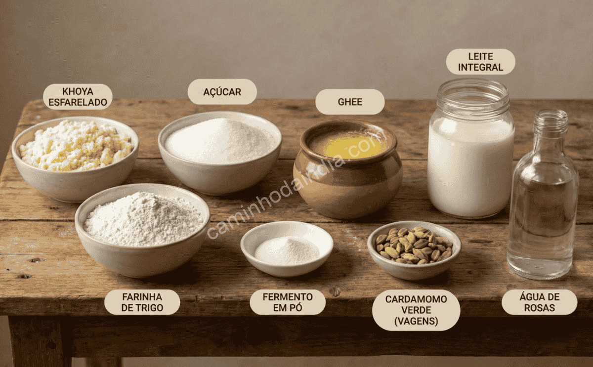 Ingredientes essenciais para preparar gulab jamun organizados sobre a mesa