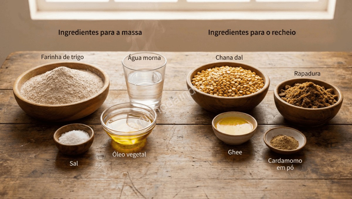 Ingredientes essenciais para preparar puran poli organizados sobre a mesa