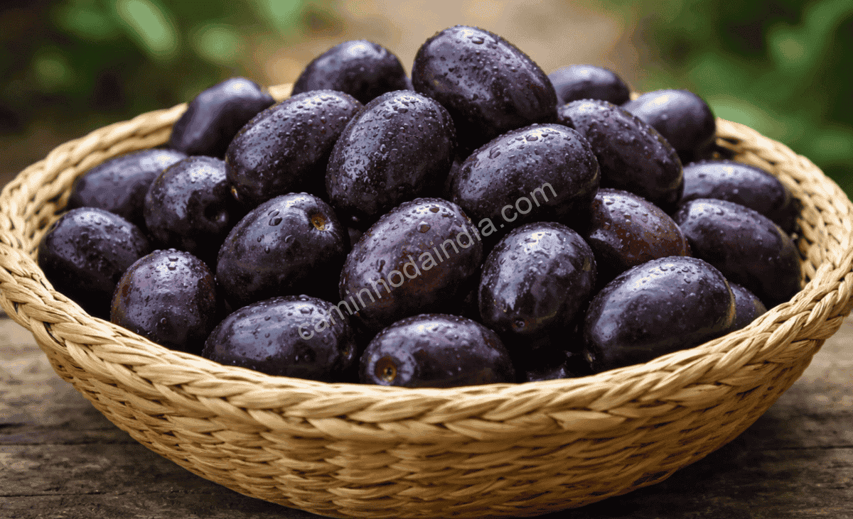jamun-fruta-indiana-referencia-nome-doce Fruta jamun indiana roxa e arredondada, semelhante à ameixa