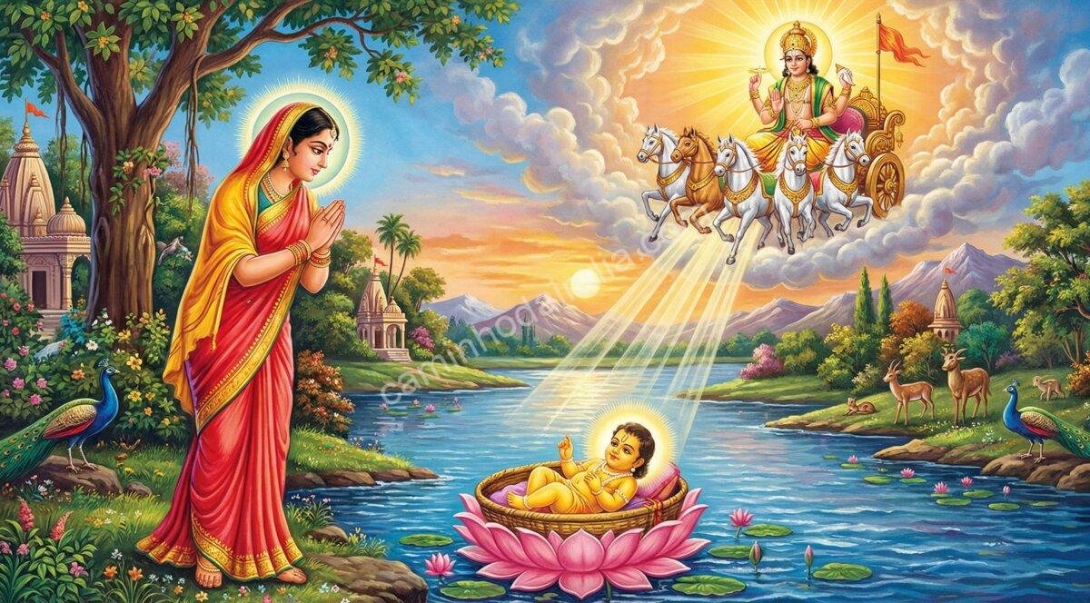 Karna, filho de Surya e Kunti, associado à devoção solar e ao destino