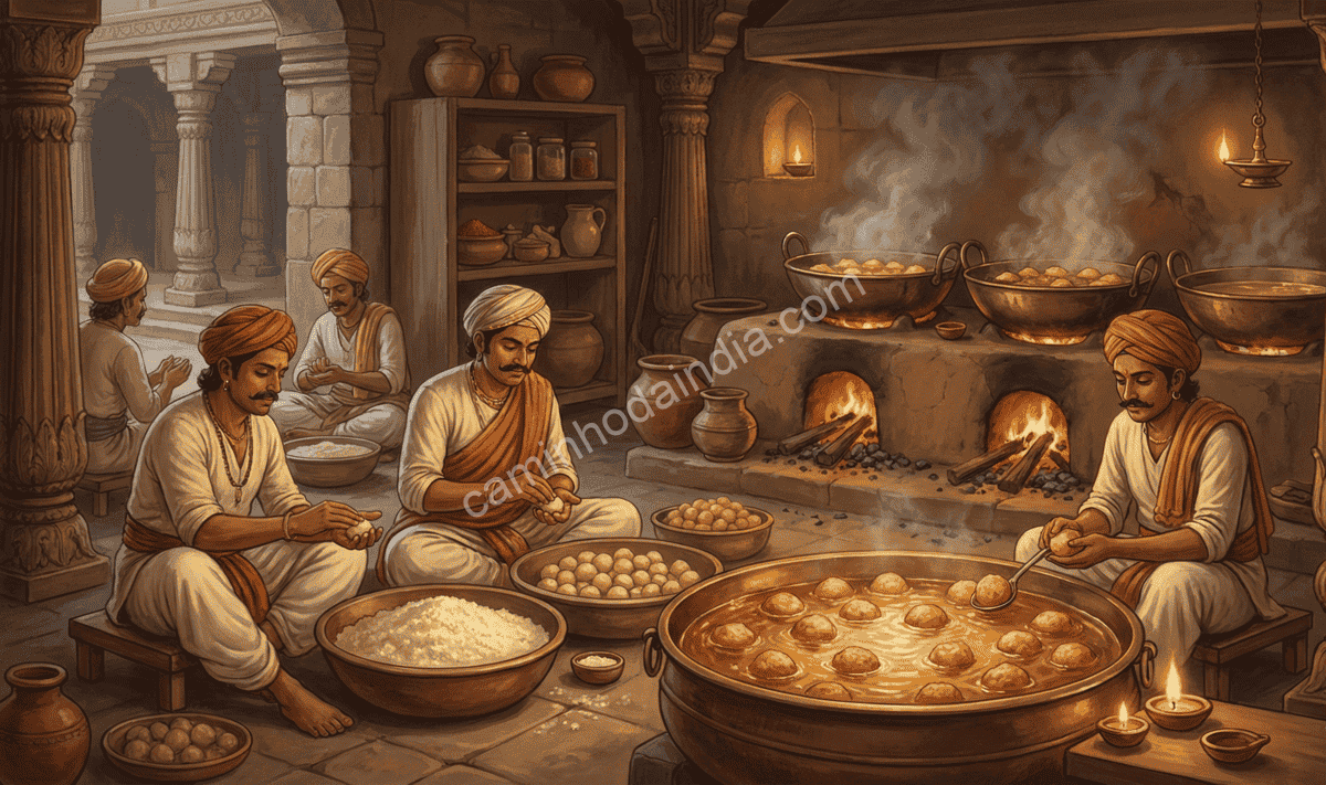 manasollasa-bolinhos-chenna-calda-cardamomo-seculo-xii Descrição no Manasollasa de bolinhos fritos de chenna mergulhados em calda aromatizada