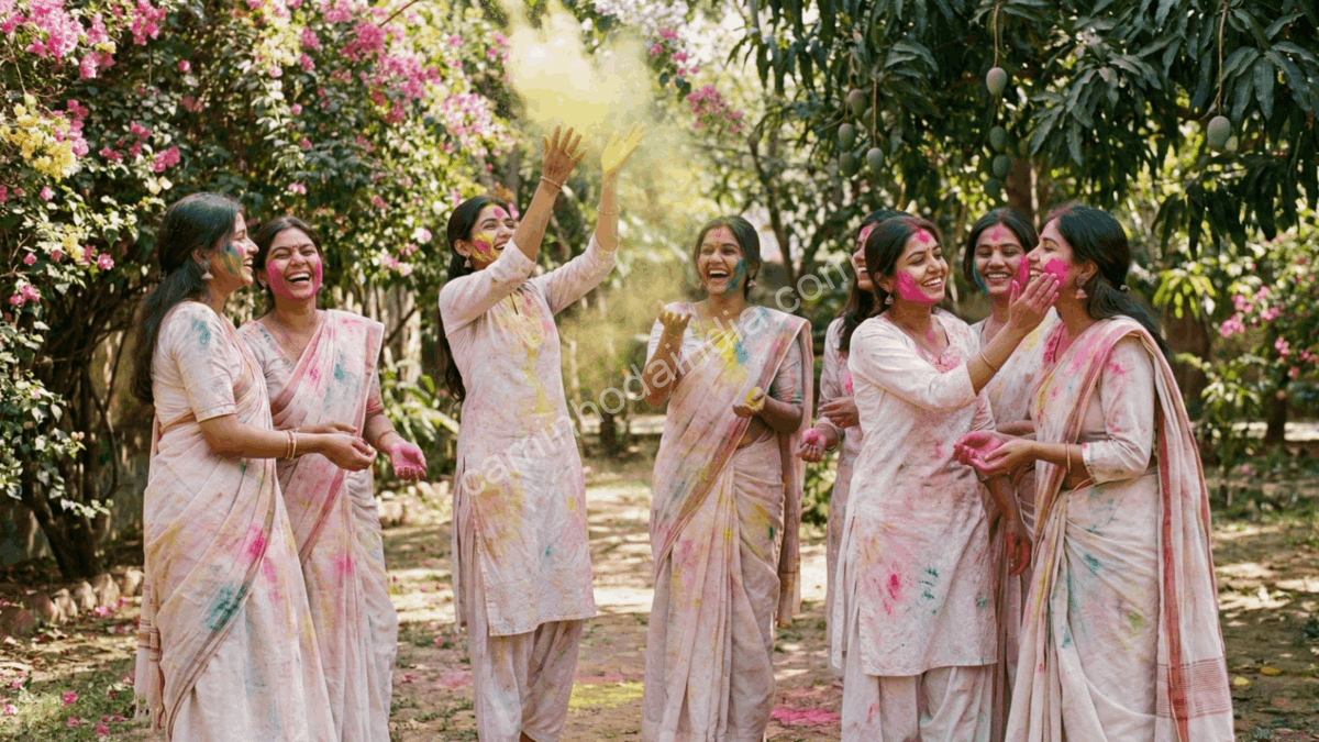 Meninas brincando Holi e celebrando o festival das cores na Índia