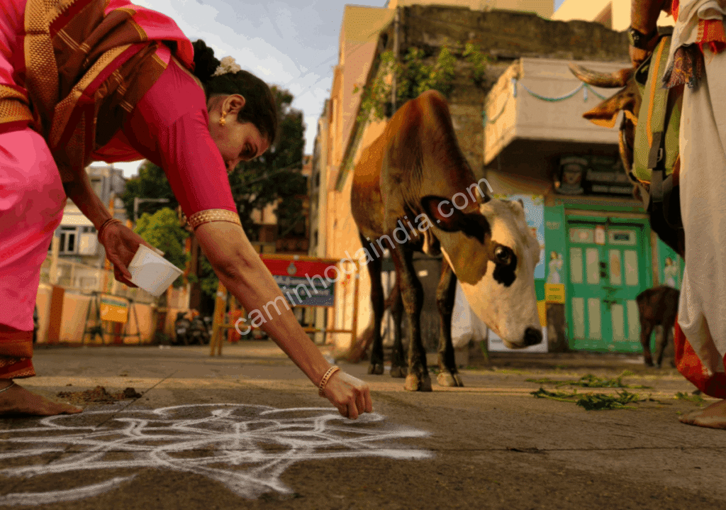 Mulher desenhando um tradicional kolam na entrada de sua casa durante as celebrações do Pongal