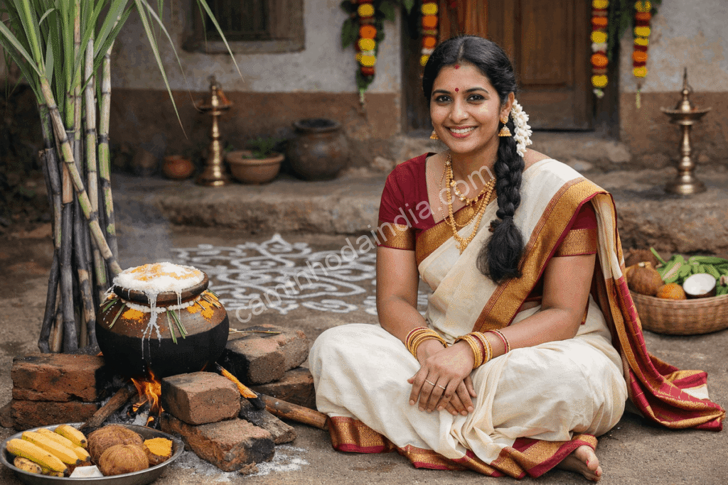 Mulher tâmil vestida com trajes tradicionais celebra o festival de Pongal