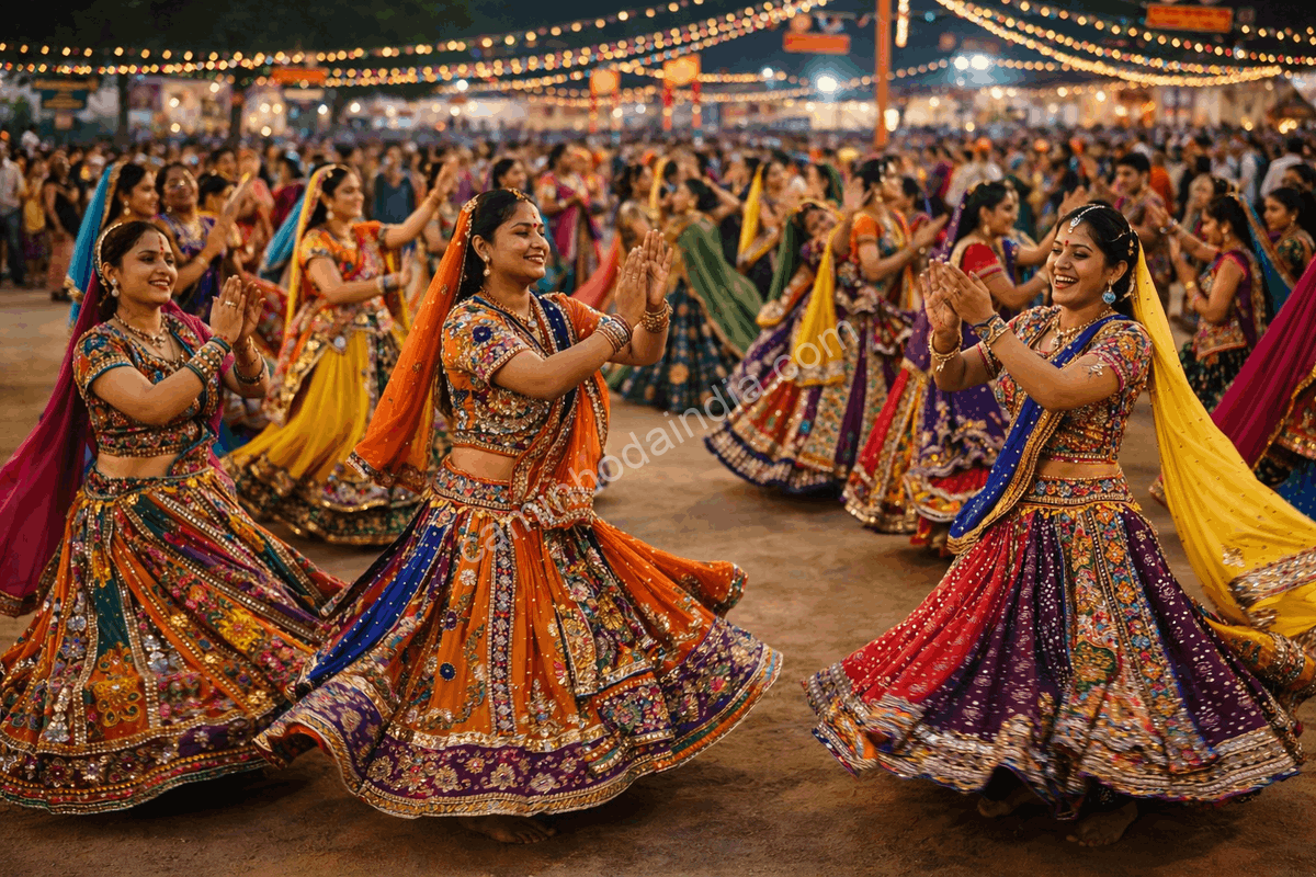 Mulheres dançando garba durante o festival de Navratri em Gujarat