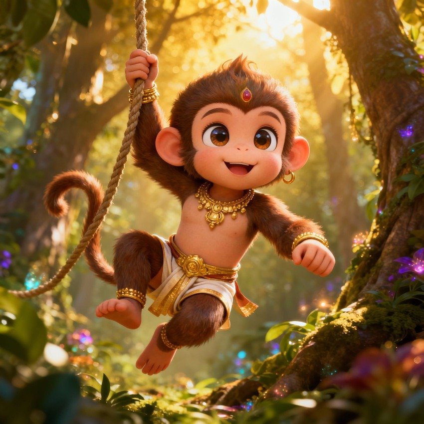 pequeno-hanuman-brincando-na-floresta O pequeno Hanuman, símbolo de força e inocência, brincando livremente entre as árvores da floresta sagrada