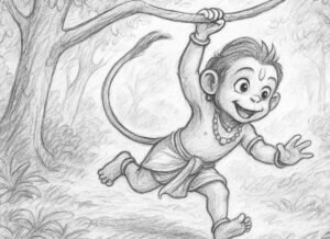 O jovem Hanuman vagando pela floresta, curioso e brincalhão, simbolizando inocência e aventura divina
