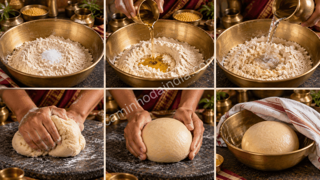 preparacao-massa-puran-poli Preparação da massa da Puran Poli com adição de farinha, sal, ghee e água, seguida pela sova e pelo descanso da massa