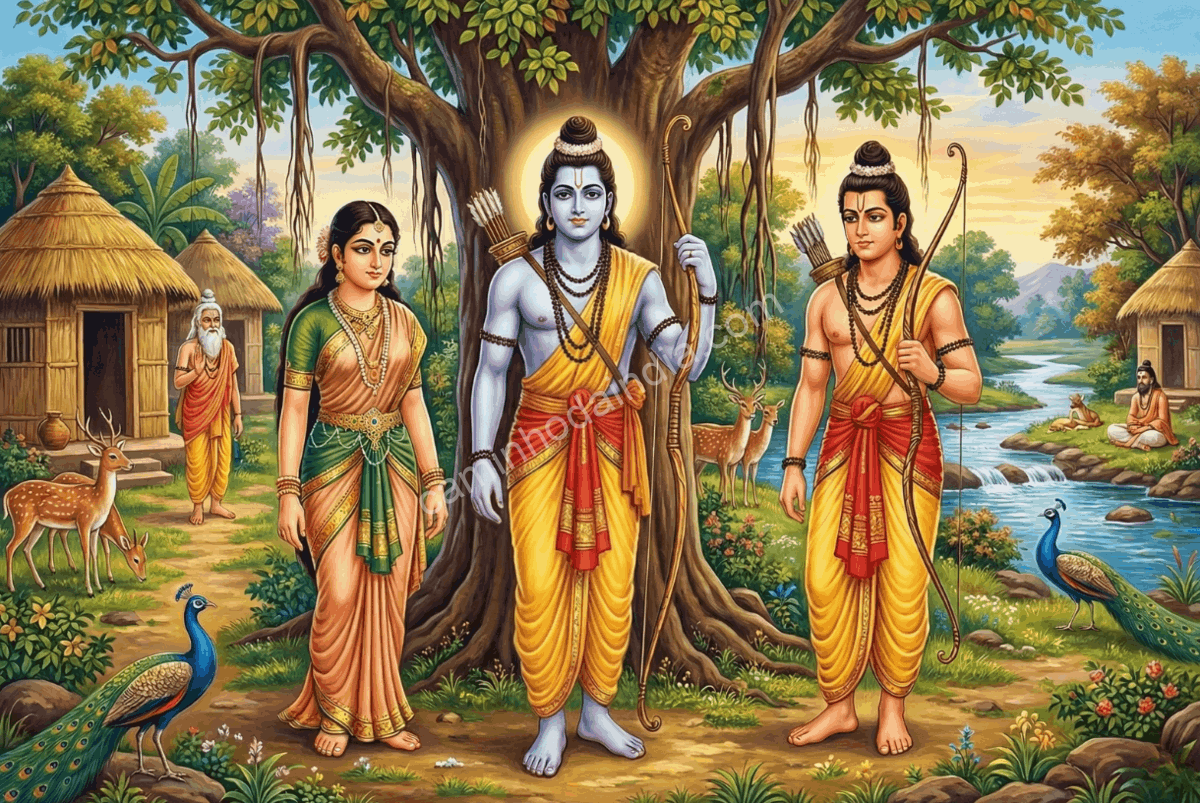 Cena do Ramayana representando Rama, Sita e Lakshmana, personagens centrais da epopeia escrita em sânscrito.