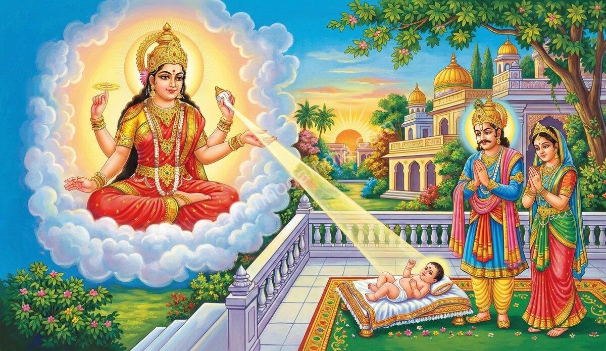 Deusa Shashthi revelando-se como Chhathi Maiya e concedendo vida ao filho do rei Priyavrata