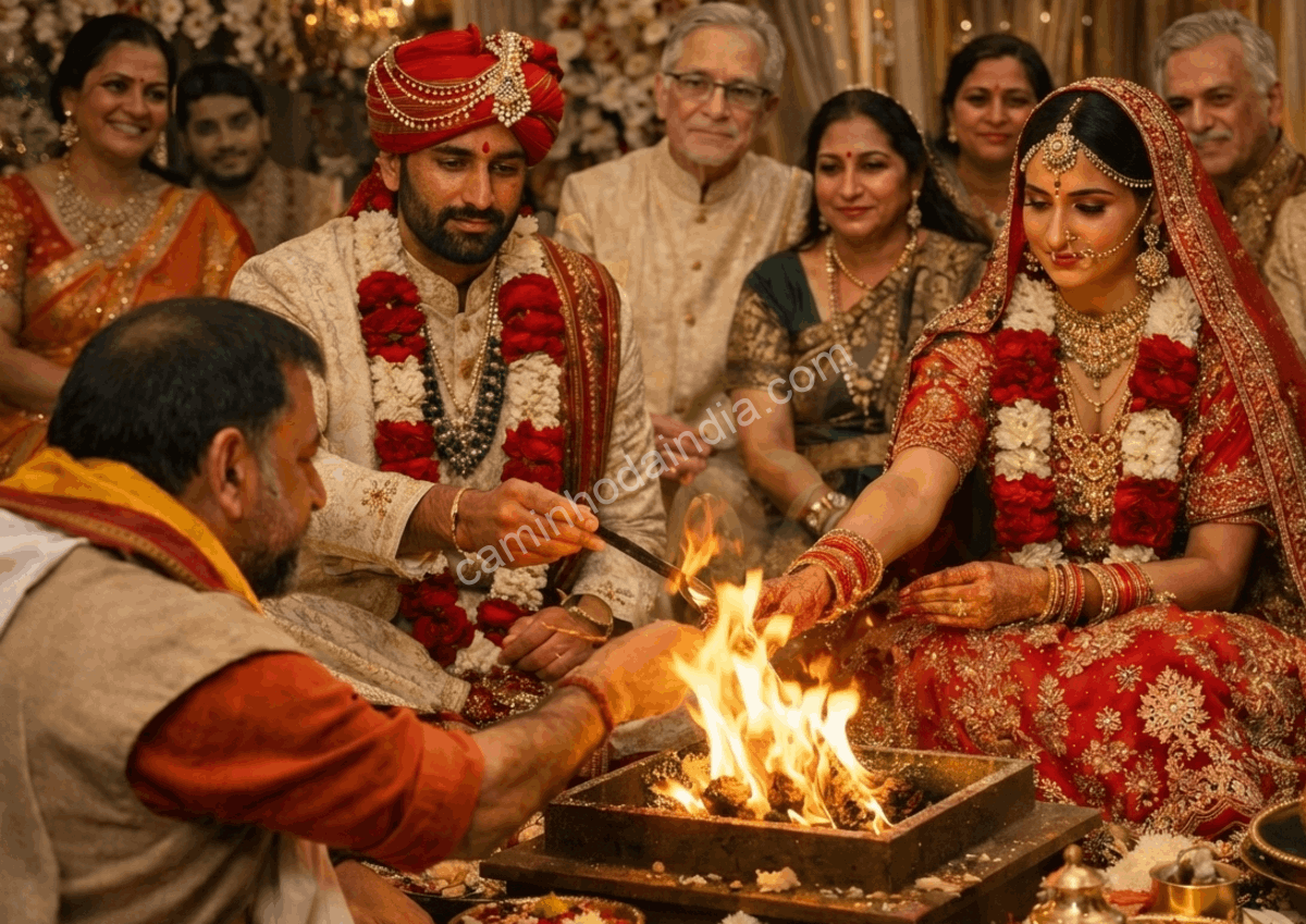 ritual-de-casamento-hindu-mantras-em-sanscrito Em um casamento tradicional hindu, o sacerdote entoa mantras em sânscrito durante os rituais realizados diante do fogo sagrado, elemento central da cerimônia