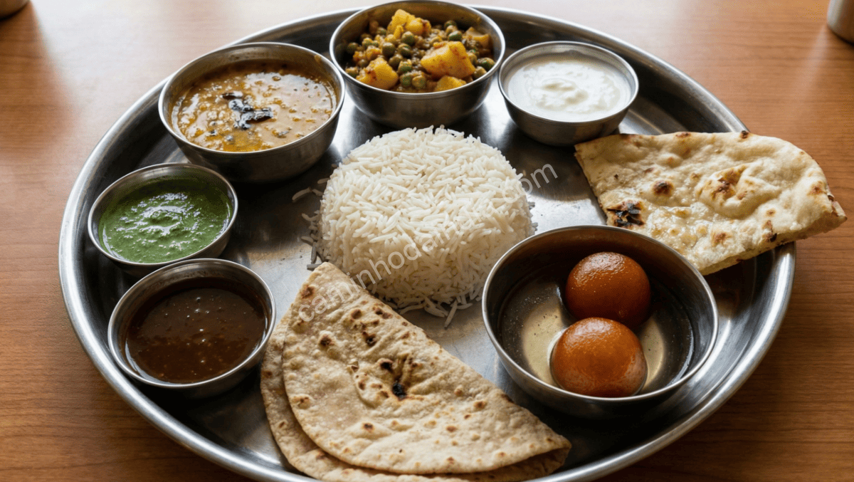 thali-indiano-servido-com-gulab-jamun Thali indiano tradicional servido com gulab jamun como sobremesa