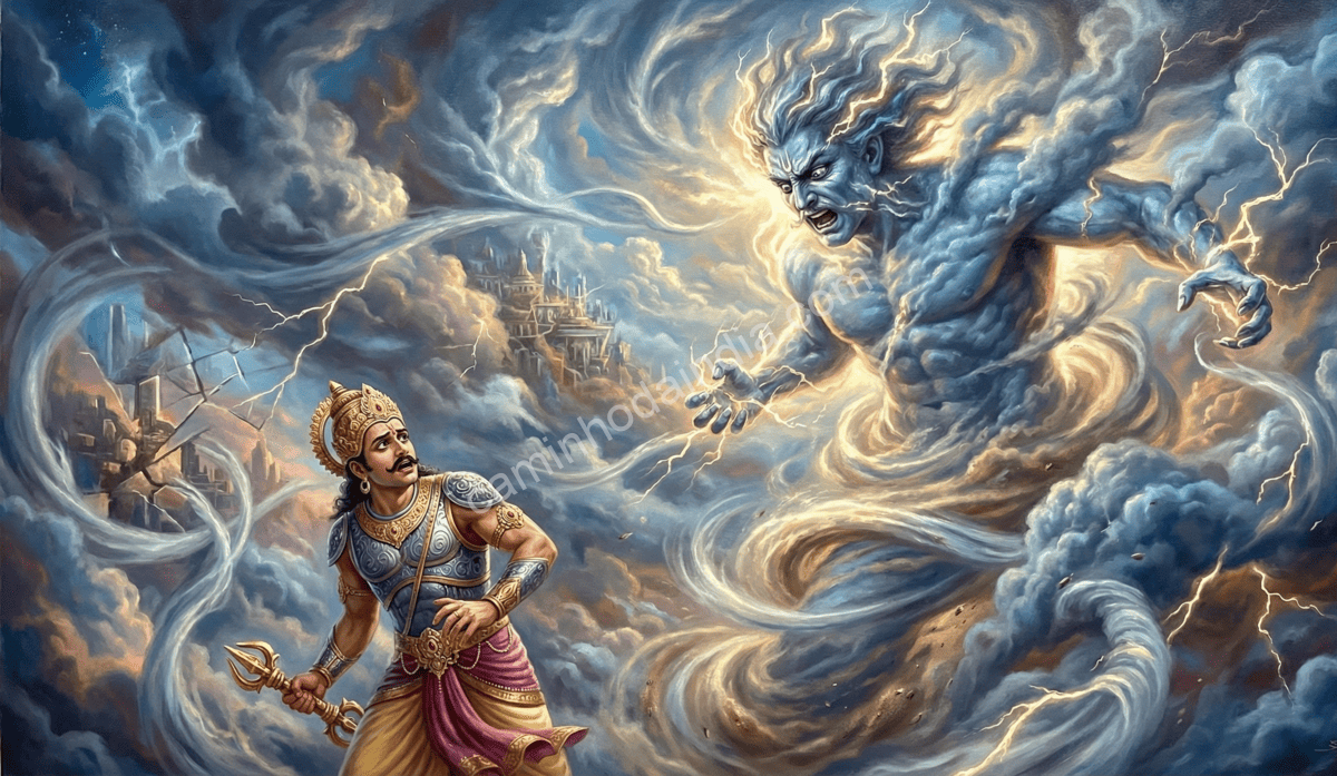 Vayu, o deus do vento, irado com Indra após Hanuman ser ferido pelo vajra