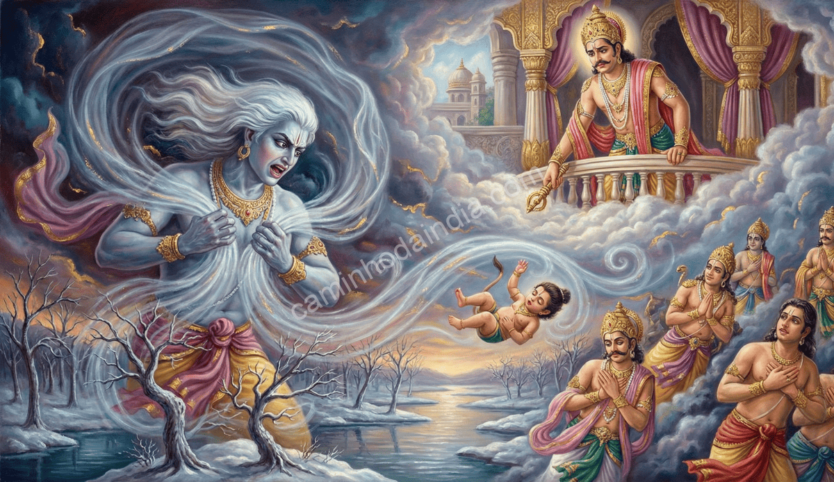 Vayu retirando o ar do mundo em resposta ao ferimento de Hanuman, deixando todos os seres sem respirar