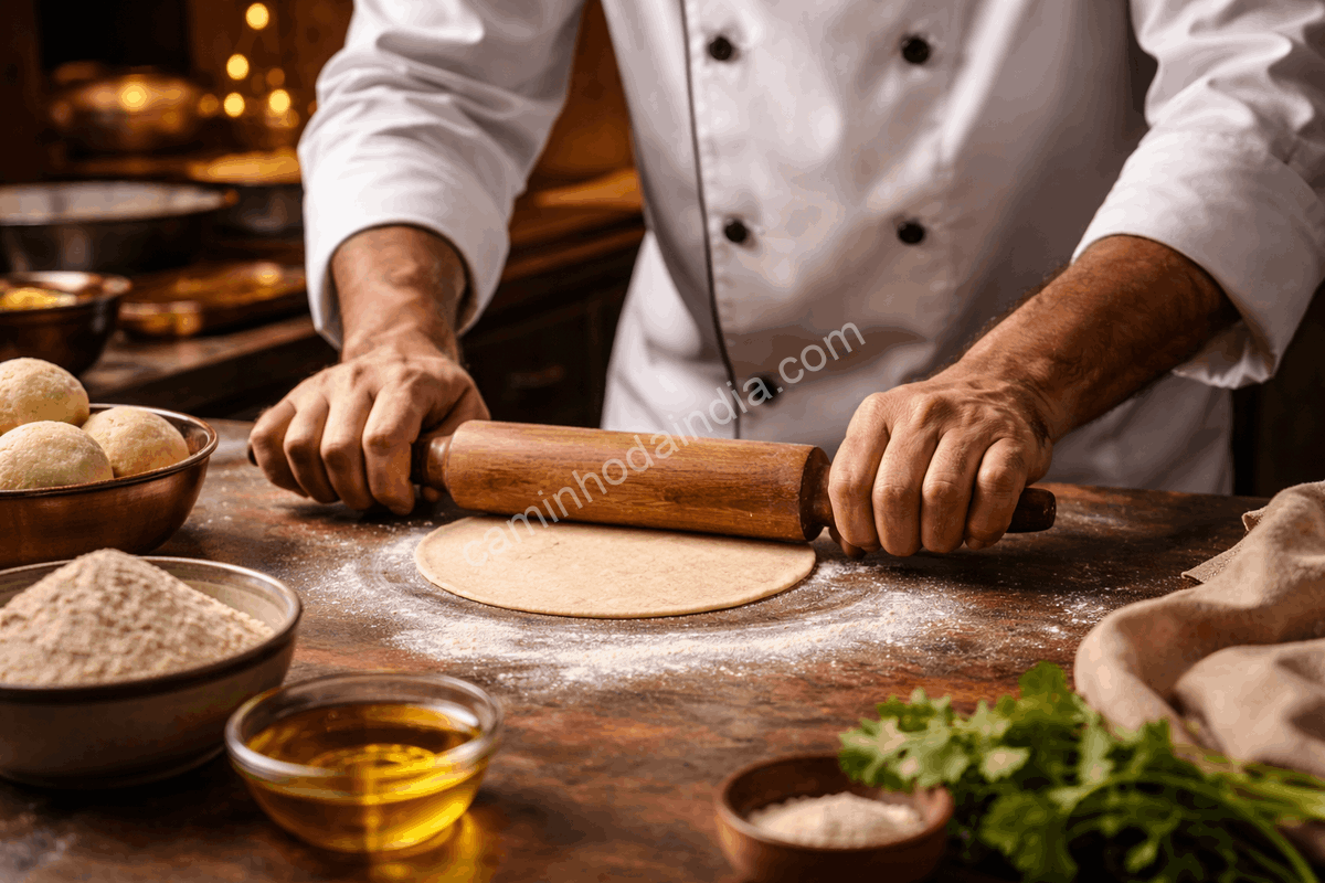 Abertura da massa de chapati com rolo, mantendo formato redondo e uniforme