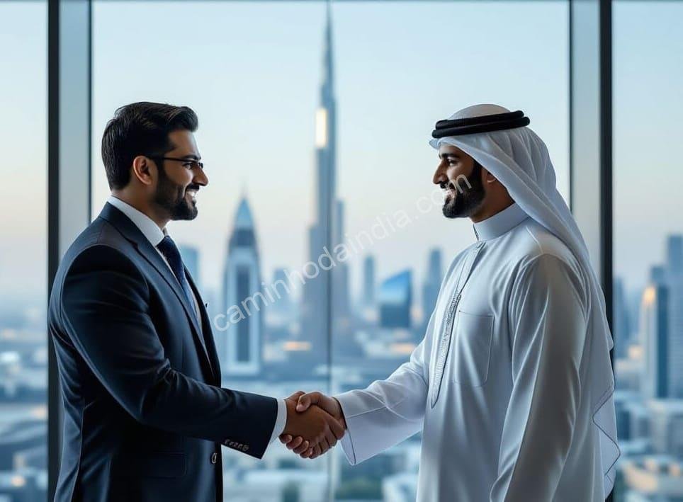 Ilustração simbólica representando a abertura dos Emirados Árabes Unidos para profissionais estrangeiros e talentos internacionais