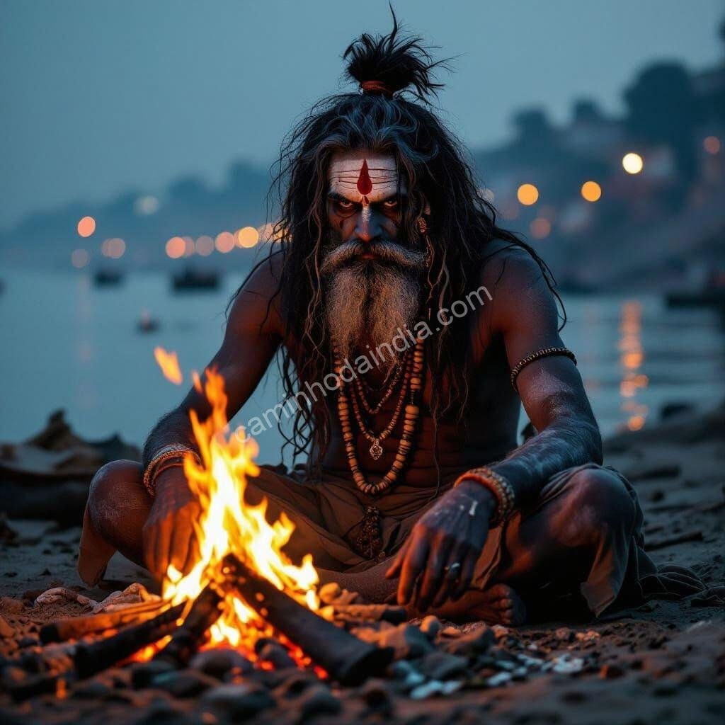 aghori-sadhu-margens-rio-ganga-noite Aghori sadhu meditando nas margens do rio Ganga durante a noite, envolto em atmosfera mística