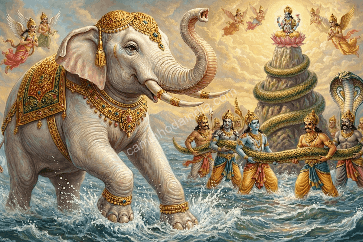 Airavata emergindo do oceano durante o Samudra Manthan como elefante celestial dos devas