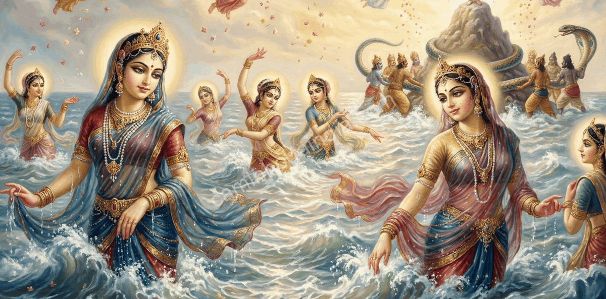 Apsaras emergindo do oceano durante o Samudra Manthan como símbolos de beleza e graça celestial