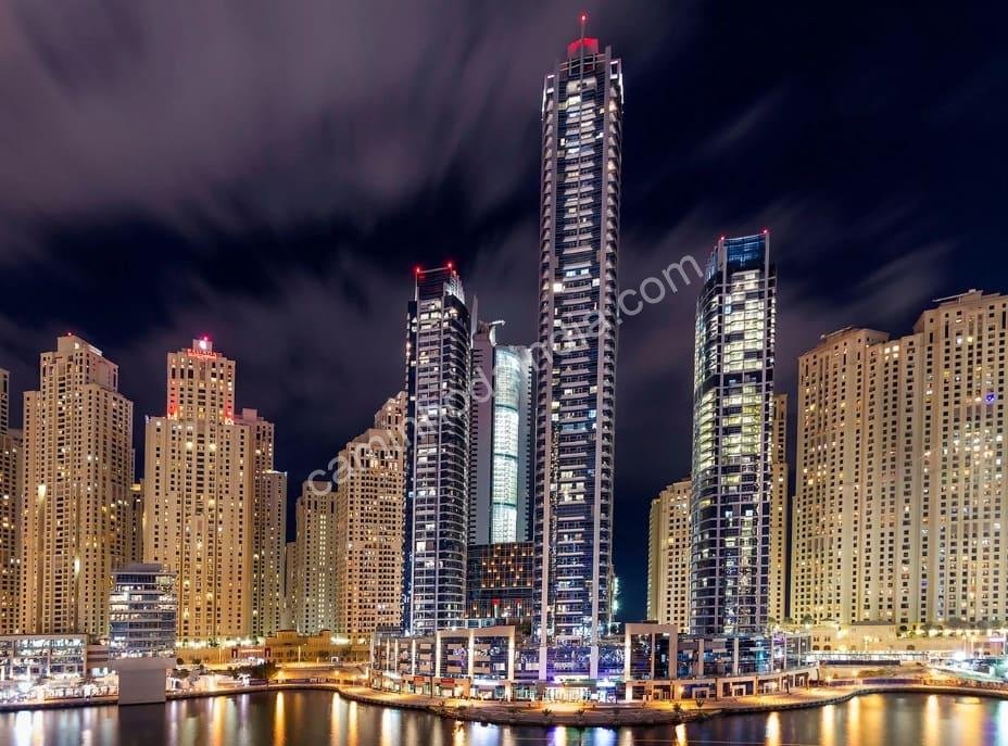 Arranha-céus modernos de Dubai vistos sob o céu azul, simbolizando o rápido desenvolvimento da cidade