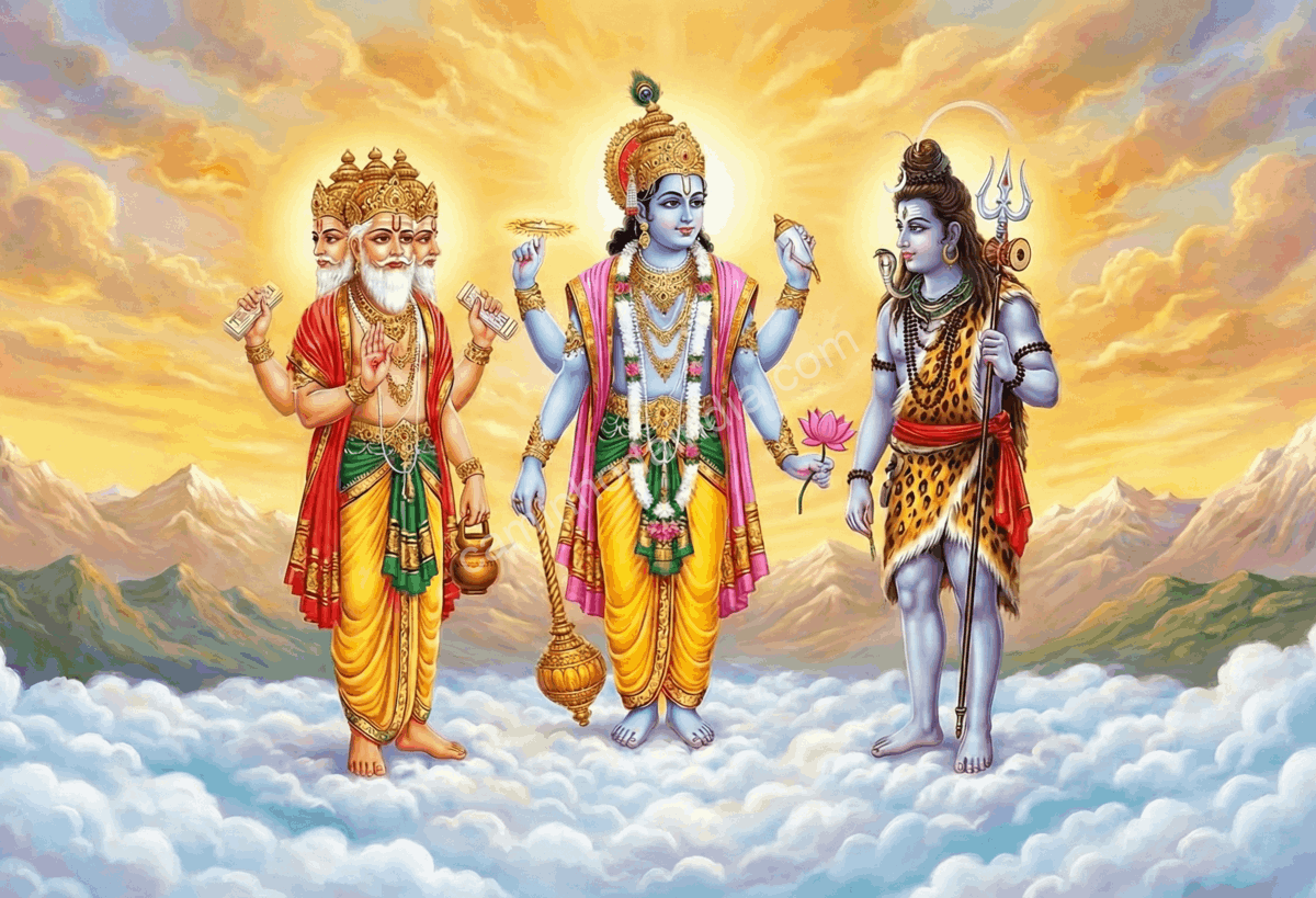 Brahma, Vishnu e Shiva discutindo o Samudra Manthan em um conselho divino