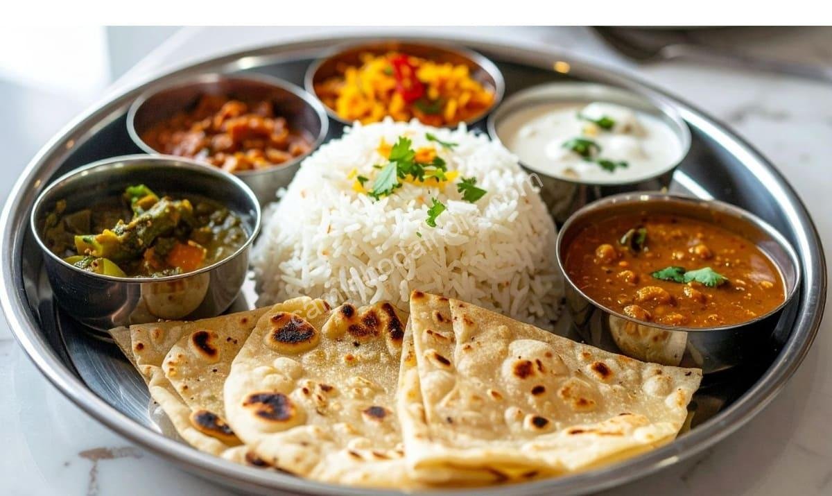 chapati-arroz-e-varios-curries-servidos Chapati acompanhado de arroz e diferentes curries, compondo uma refeição tradicional e saborosa da culinária indiana