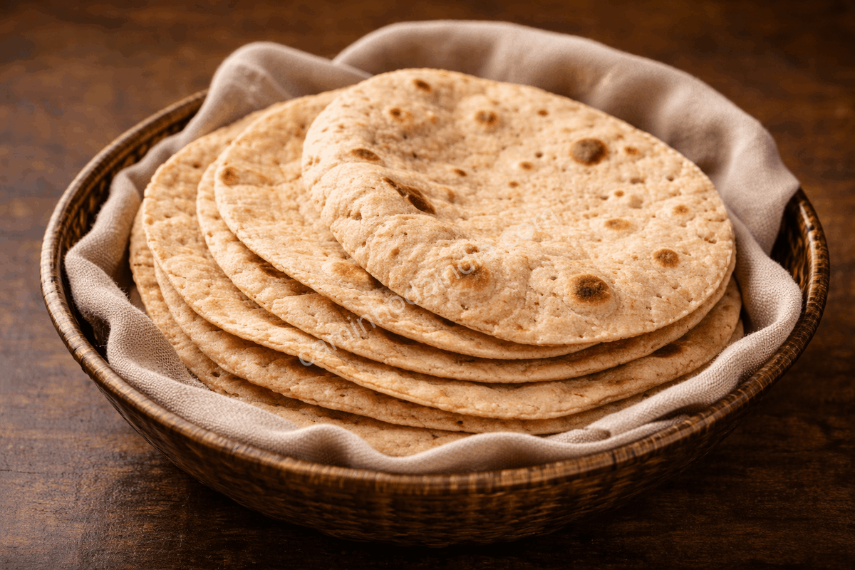 chapati-fofo-servido-pao-indiano Chapati servido ainda quente, macio e levemente inflado, evidenciando a textura fofa e a simplicidade que fazem desse pão um elemento essencial da alimentação cotidiana indiana