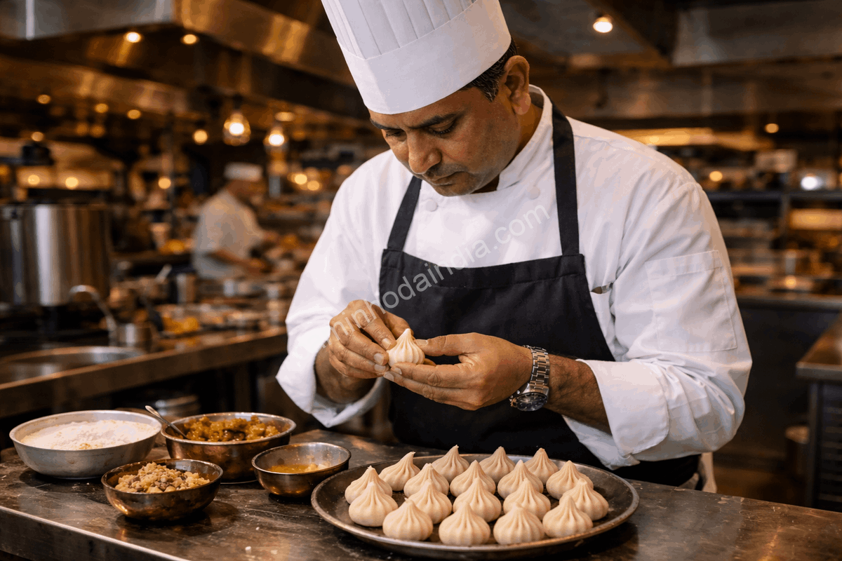 Chef modelando modak manualmente com técnica tradicional