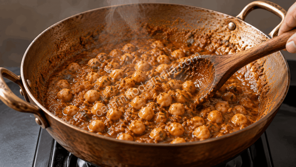 Grão-de-bico sendo incorporado ao molho temperado do Chole em uma panela
