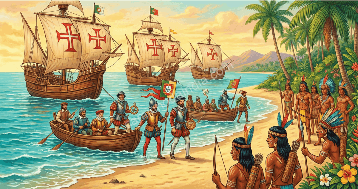 colonizadores europeus chegando ao Brasil, retratando os primeiros encontros durante o período colonia