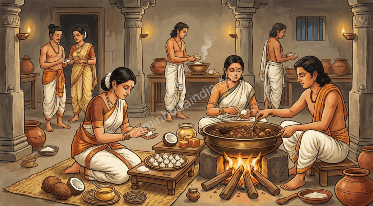 Cozinha da Era Gupta com preparo tradicional de modak na Índia antiga