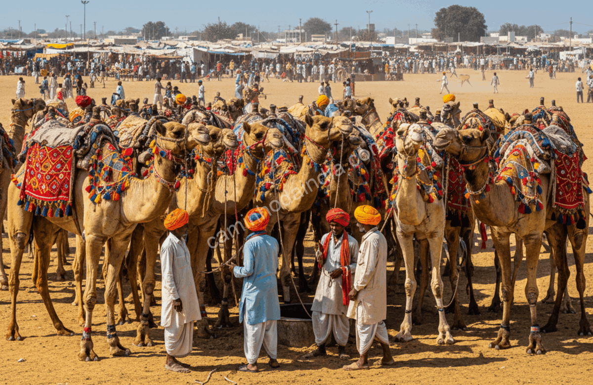Criadores de camelos ao lado de seus animais durante o Festival de Pushkar