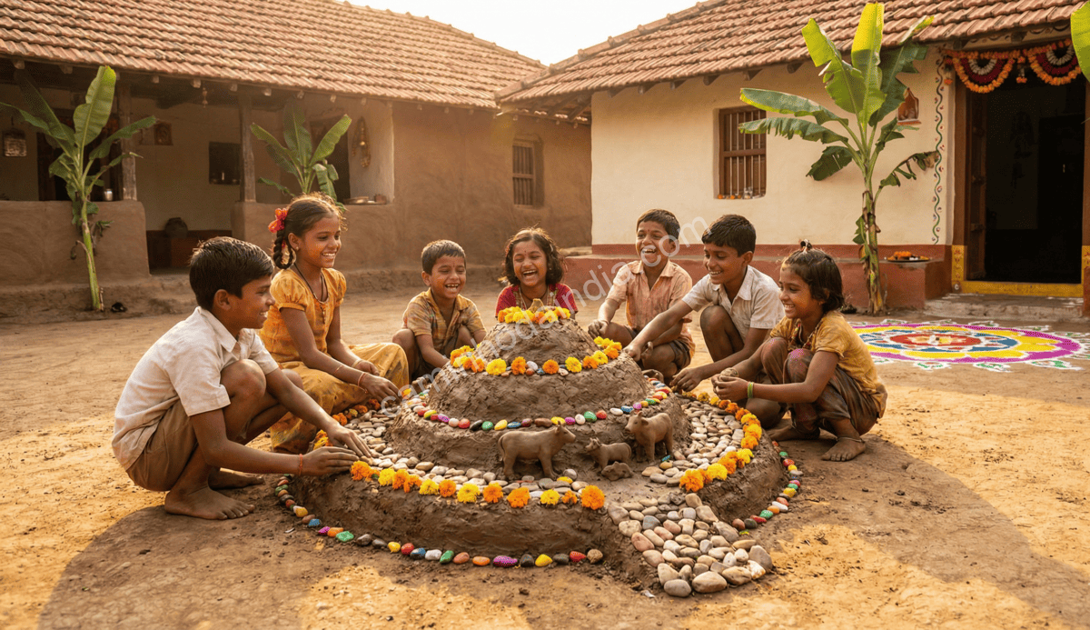 criancas-fazendo-replica-monte-govardhan-barro-argila Crianças criando uma réplica do Monte Govardhan usando barro, argila e pedrinhas