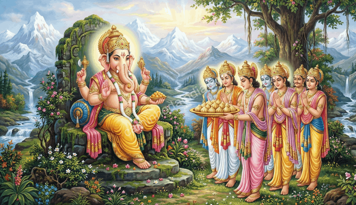 deuses-oferecendo-modak-ao-ganesha Deuses oferecendo modak a Ganesha como oferenda divina