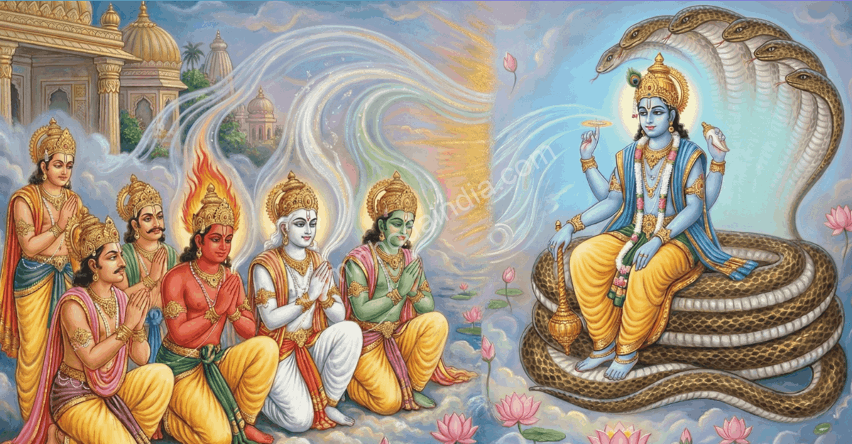 Devas pedindo orientação a Vishnu para recuperar seus poderes após a maldição do sábio Durvasa