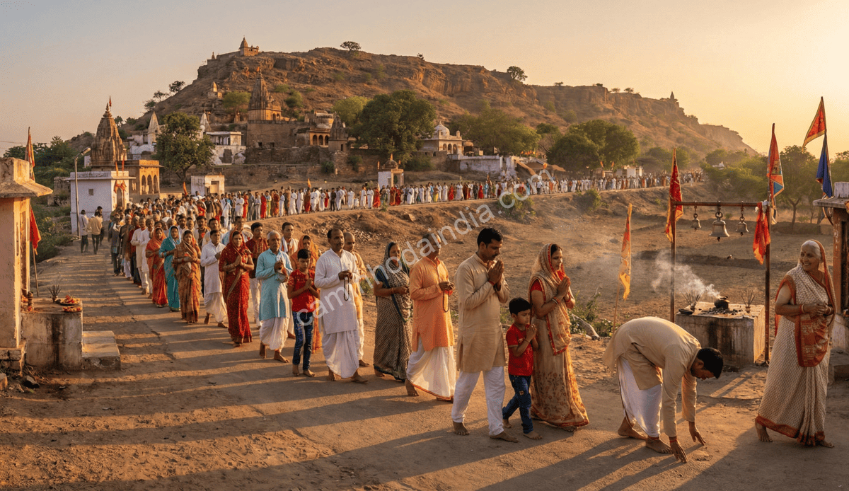 devotos-caminhando-govardhan-parikrama Devotos caminhando durante a Govardhan Parikrama