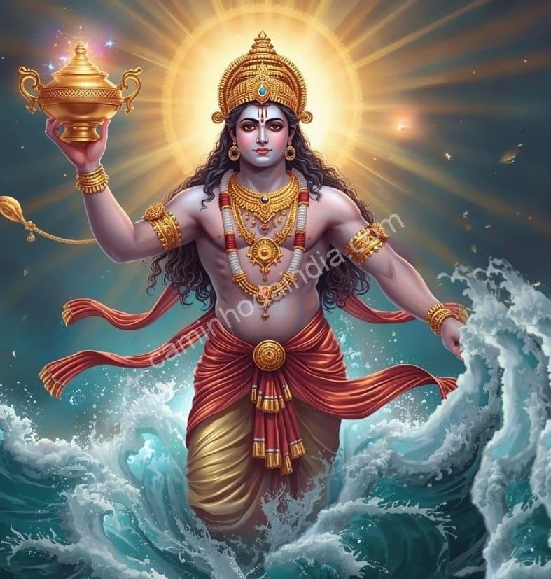 Dhanvantari aparecendo com o pote de amrita durante o Samudra Manthan