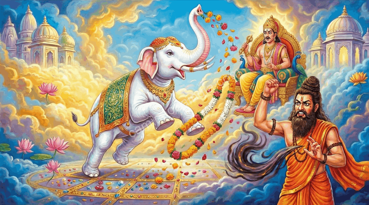 Sábio Durvasa amaldiçoando os devas por desrespeitarem o presente que lhes foi oferecido