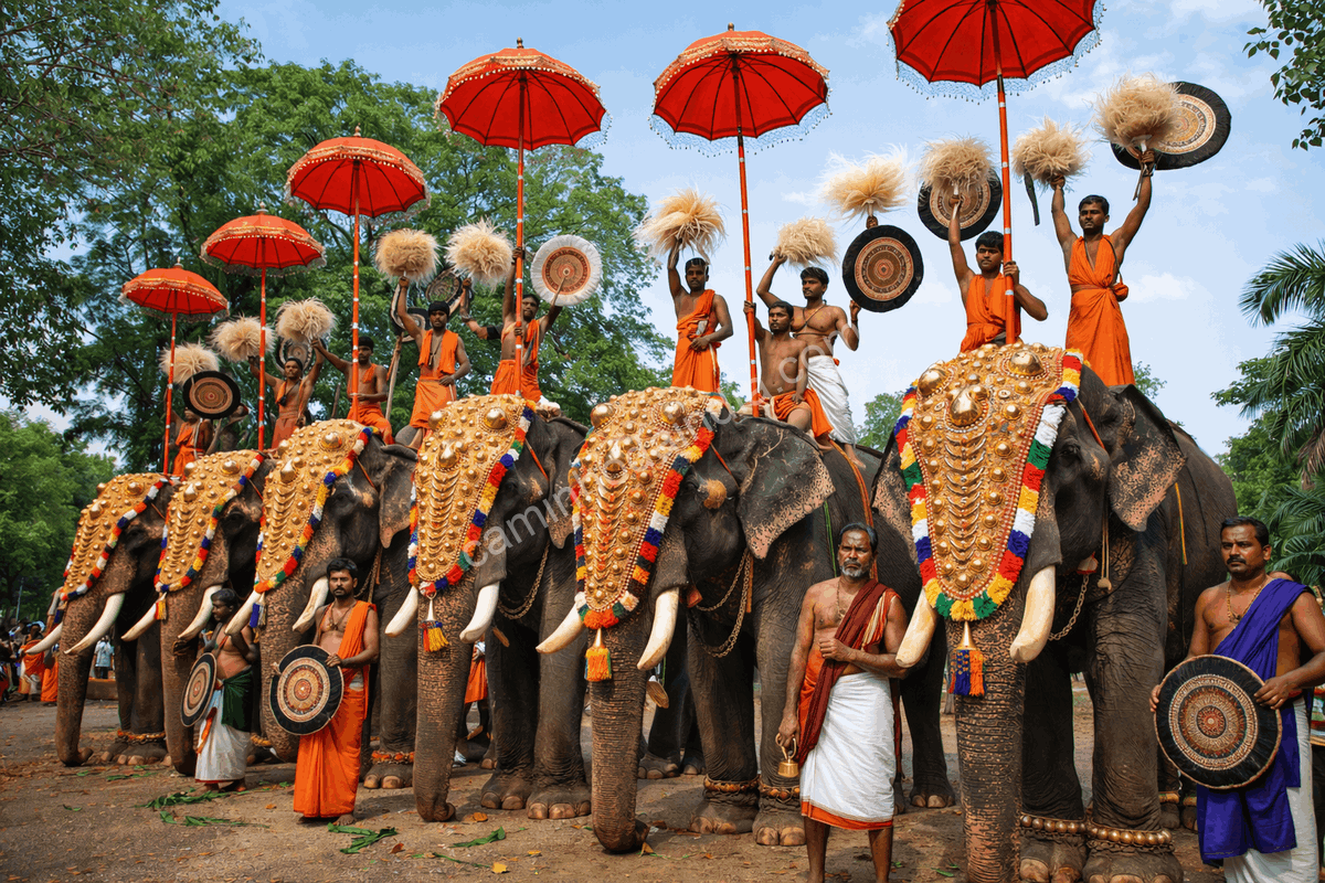 elefantes-decorados-ensaio-thrissur-pooram-kerala Elefantes ornamentados com seus condutores durante ensaio para o Thrissur Pooram