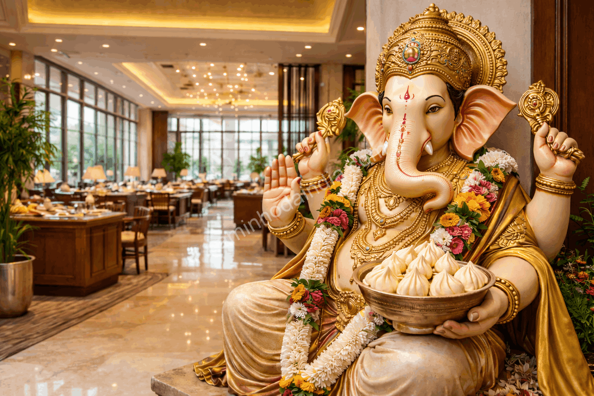 esculturas-ganesha-segurando-modak-india Esculturas de Ganesha segurando uma tigela de modaks são uma cena comum em restaurantes, hotéis e monumentos na Índia,