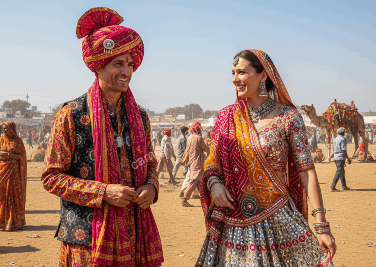 estrangeiros-trajes-tradicionais-pushkar-mela Estrangeiros vestindo trajes tradicionais indianos durante o Pushkar Mela