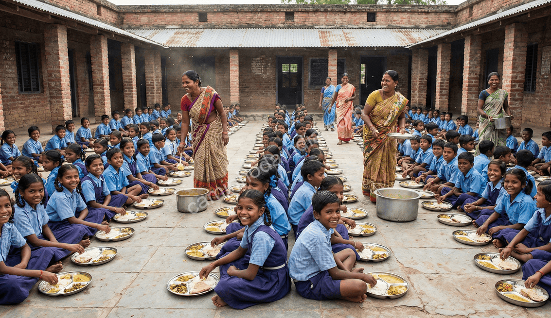 estudantes-fila-refeicao-sistema-alimentacao-escolar-novo Estudantes organizados em fila para receber sua refeição como parte do sistema de alimentação escolar