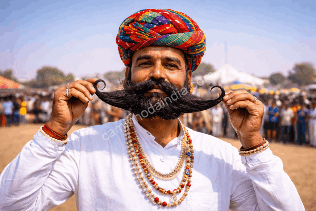 Homem rajasthani exibindo orgulhosamente seu bigode longo durante festival tradicional