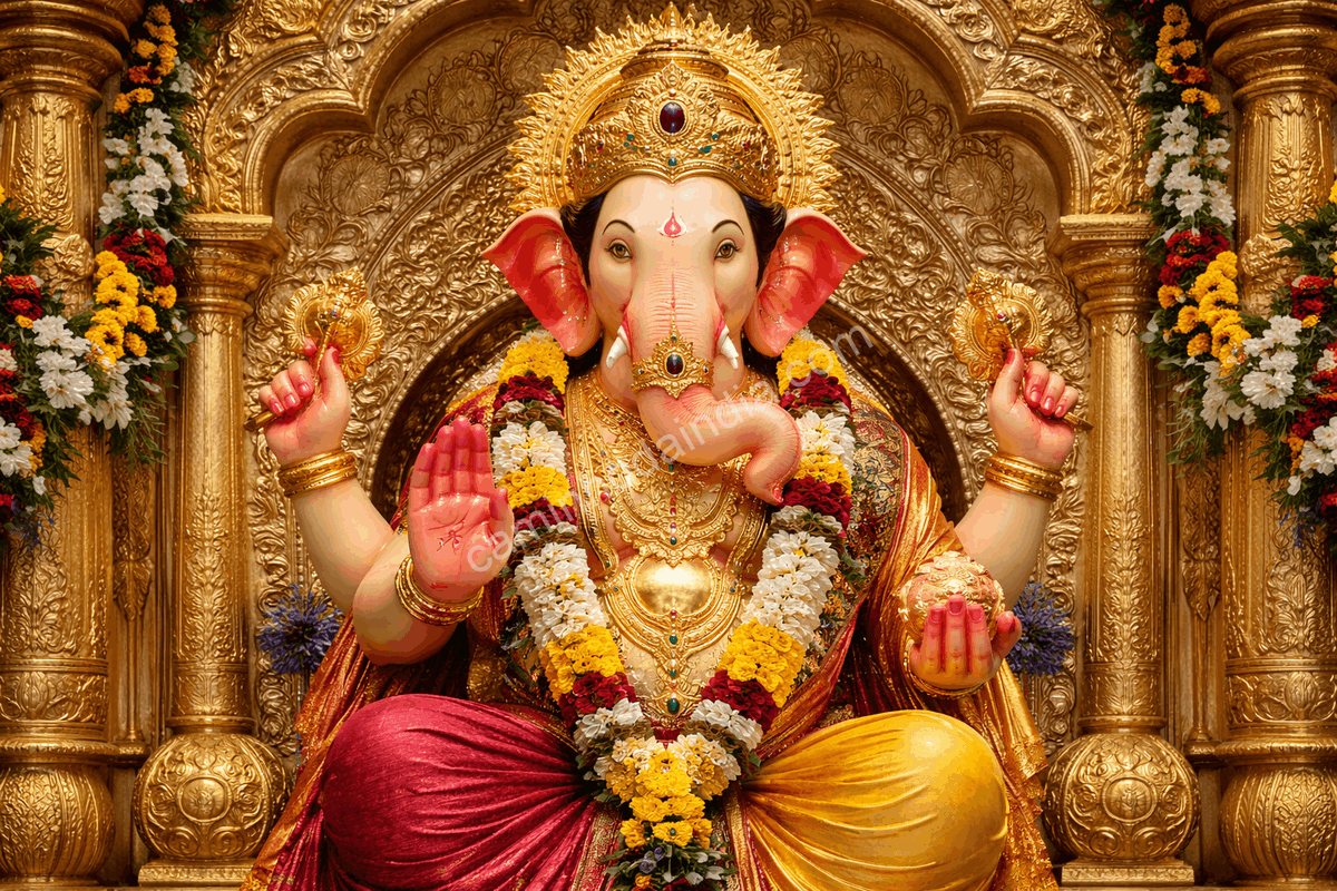 idol-ganesha-mandap-maharashtra-ganesh-chaturthi Ídolo de Ganesha em um mandap tradicional de Maharashtra, ricamente decorado para as celebrações do Ganesh Chaturthi