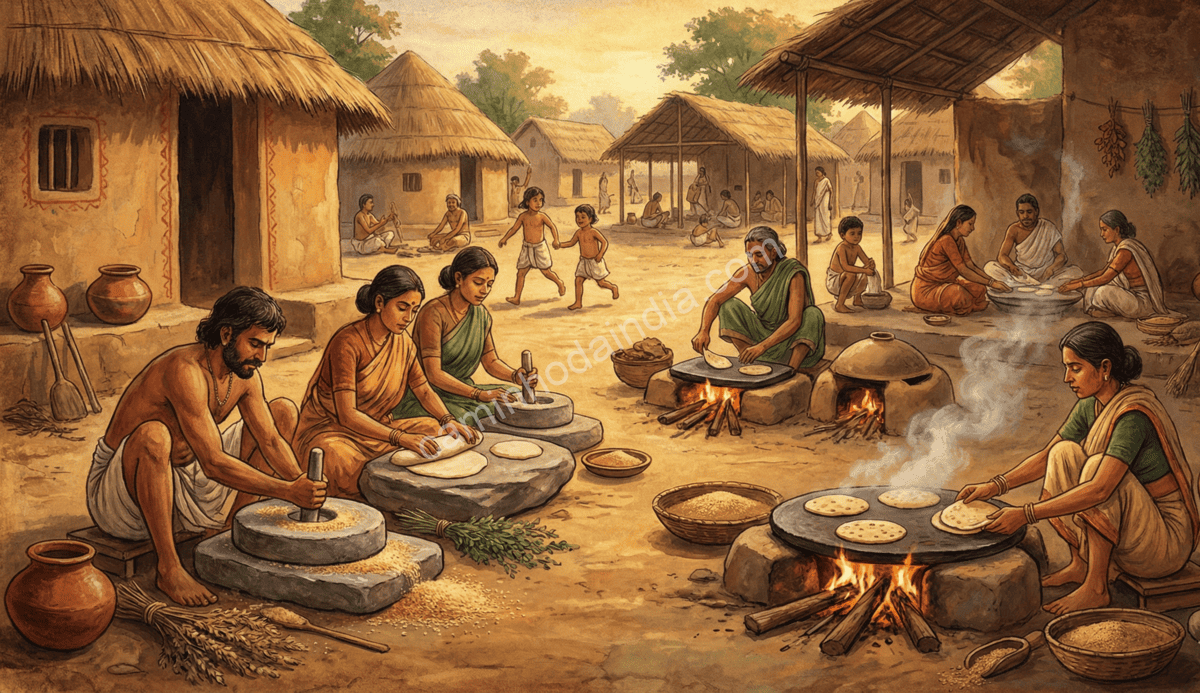 ilustracao-india-antiga-preparando-pao-chapati chapati roti receita