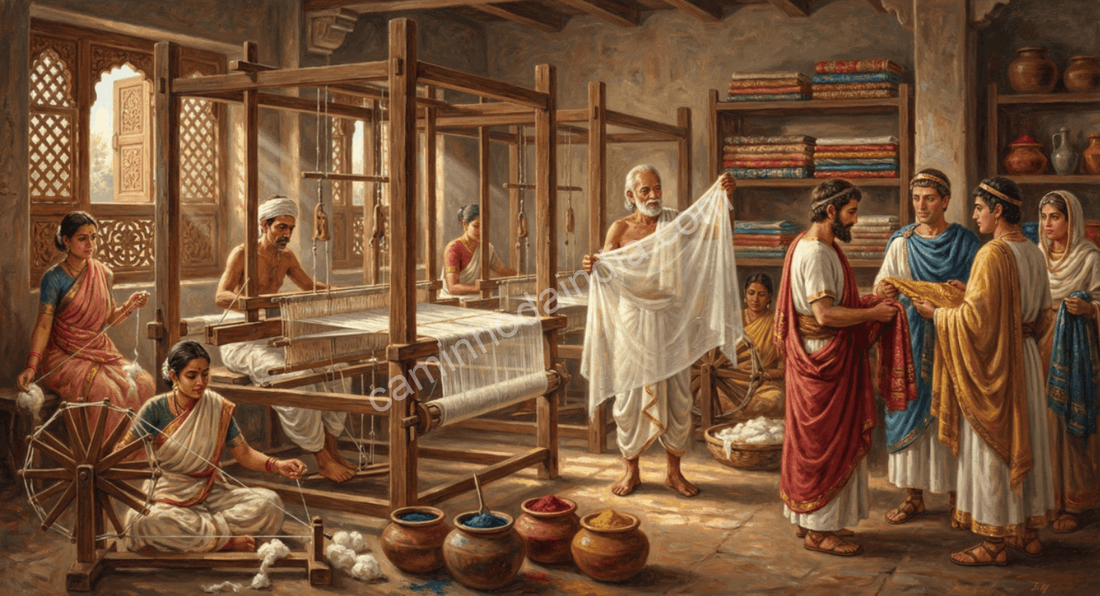 ilustracao-india-antiga-teares-tecidos-comerciantes-estrangeiros-novo Ilustração da Índia antiga exibindo teares manuais e tecidos finos sendo adquiridos por comerciantes estrangeiros, destacando a tradição têxtil e o comércio próspero da época