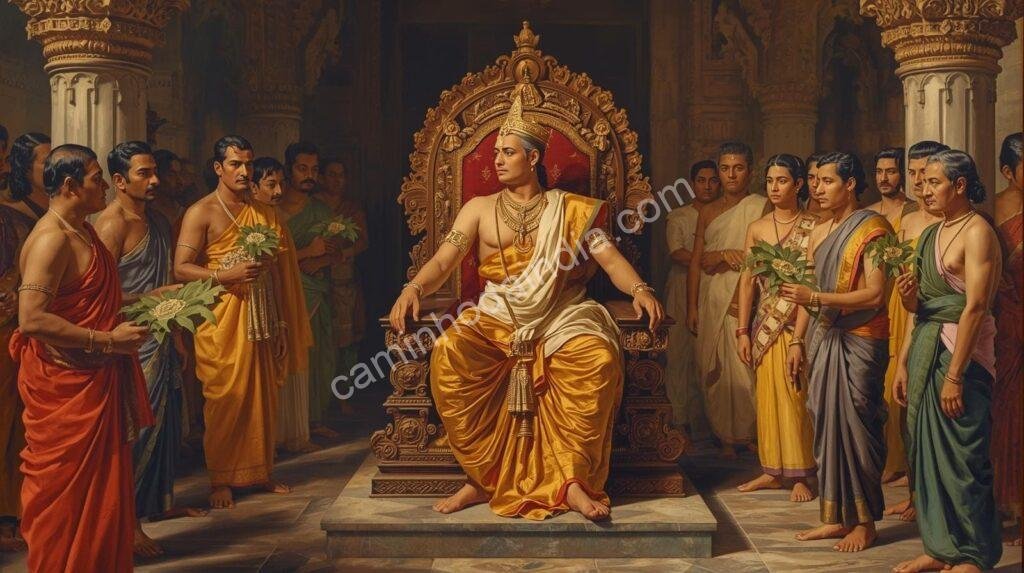 Ilustração do Maharaja Sakthan Thampuran atendendo às queixas dos sacerdotes do templo, refletindo seu papel como governante justo e administrador atento