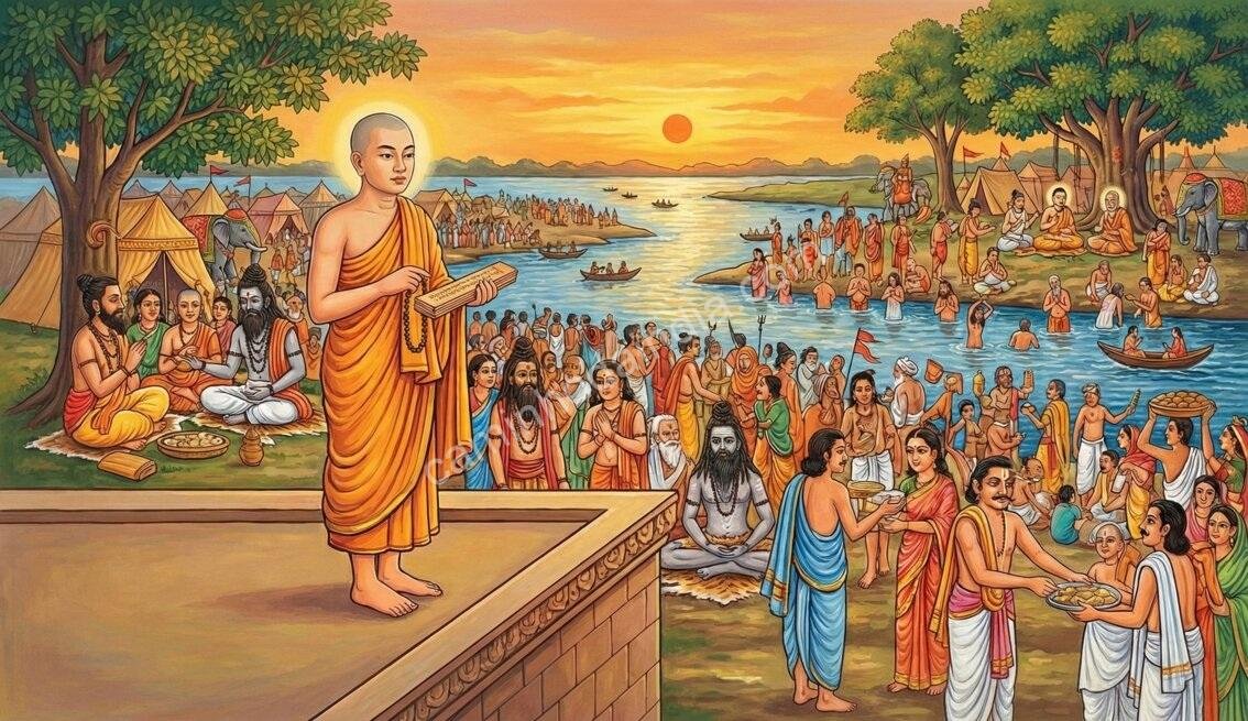 ilustracao-monge-chines-xuanzang-descrevendo-kumbh-mela-india Ilustração do monge chinês Xuanzang observando grandes assembleias espirituais e banhos rituais na Índia antiga durante sua visita a Prayagraj