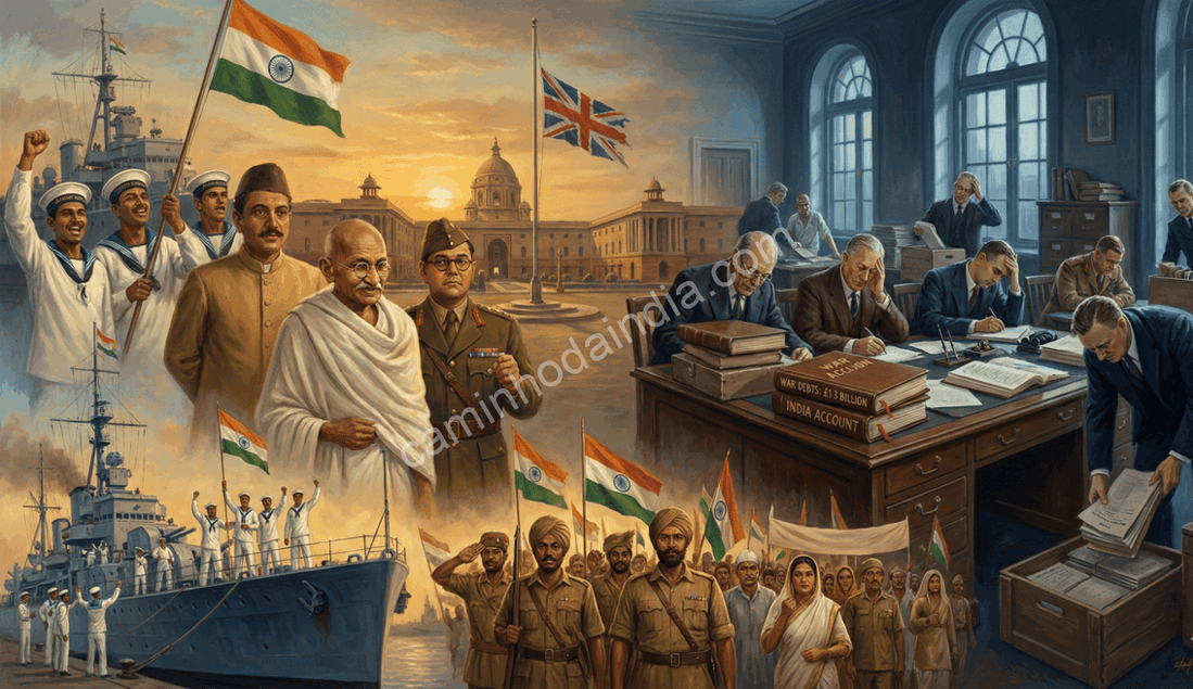 Ilustração representando o movimento de libertação da Índia, cuja mobilização nacional e resistência popular forçaram a retirada do domínio britânico