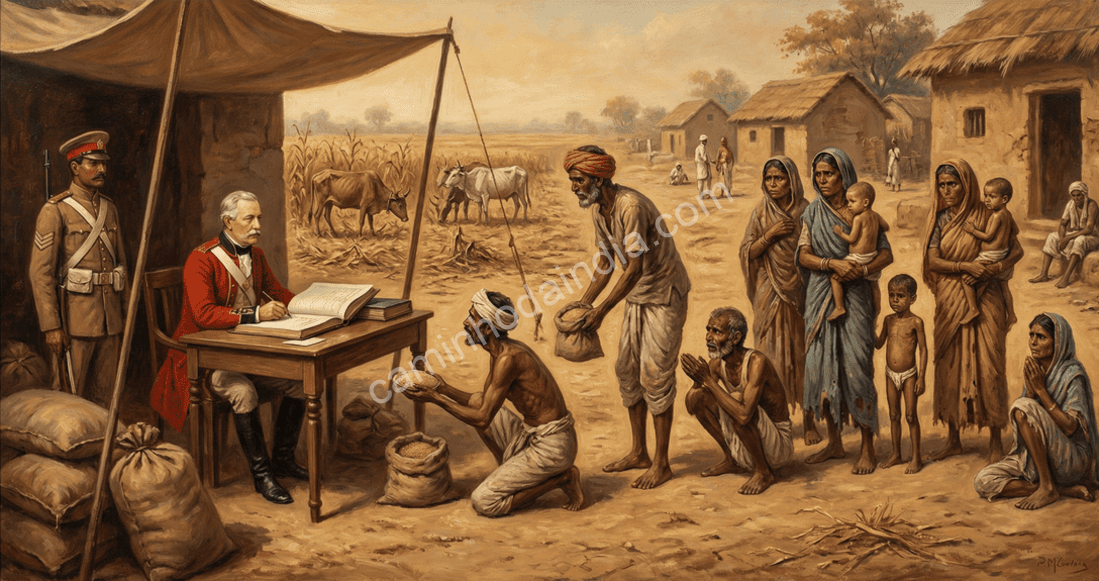 ilustracao-oficiais-britanicos-assediando-camponeses-indianos-zamindari-novo Oficiais britânicos pressionando e assediando agricultores indianos pobres através do sistema zamindari, simbolizando a exploração e opressão colonial no campo